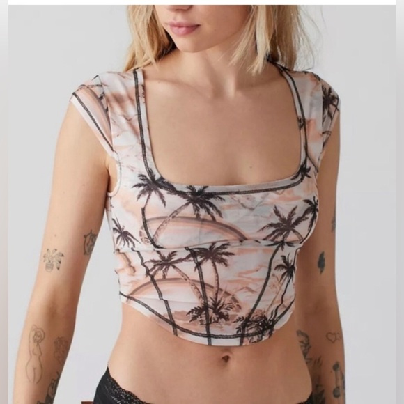 Urban outfitters nyla orange palm print mesh crop corset look top size large new - Picture 4 of 4